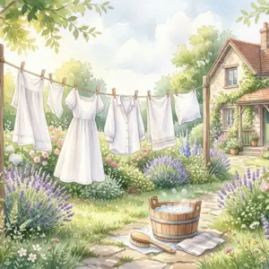 洗剤なしの洗濯イメージ｜風に揺れる洗濯物と自然派アイテムの水彩イラスト