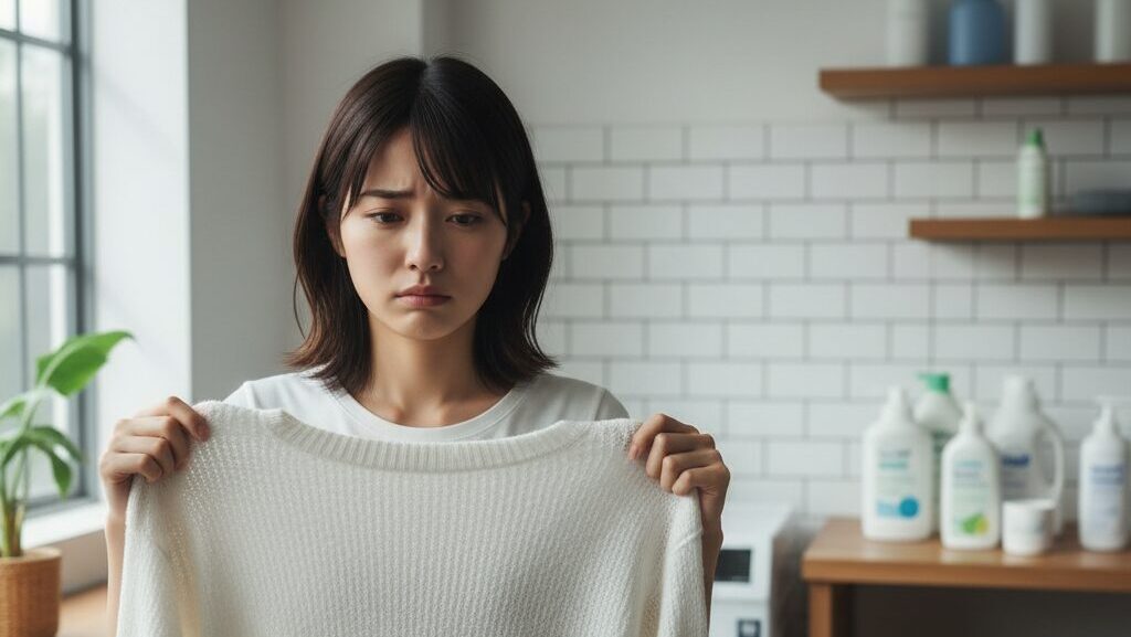 型崩れして伸びてしまった白いコットンニットのセーターを見て悲しむ若い日本人女性。背景には洗濯用品が置かれている。
