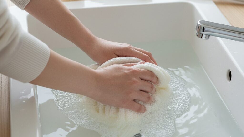 洗面器の中でコットンニットを優しく手洗いしている日本人の手元。おしゃれ着用洗剤が泡立っている。