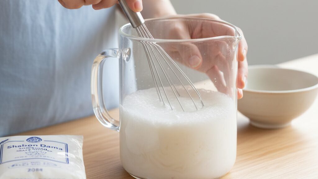 泡だて器を使って、ぬるま湯で粉石鹸をダマなくクリーミーに溶かしている様子