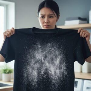 シャボン玉石鹸での洗濯後、黒いTシャツに付着した白い石鹸カスに悩む日本人女性