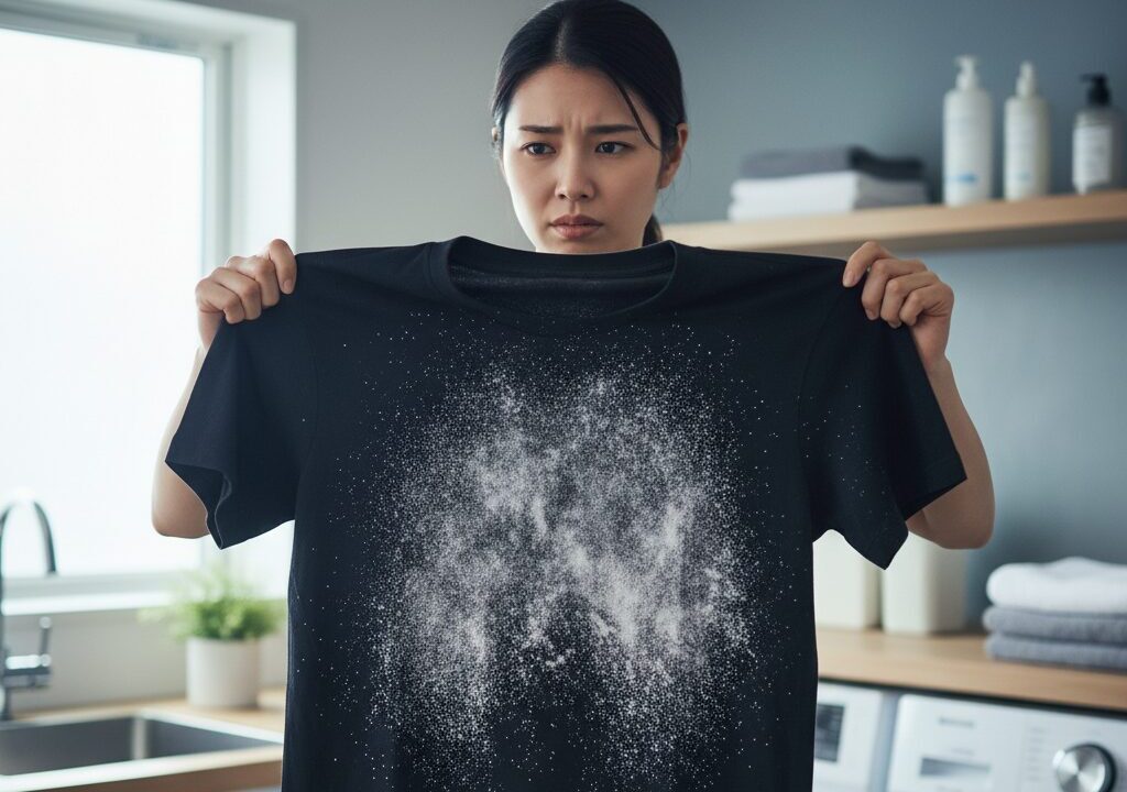 シャボン玉石鹸での洗濯後、黒いTシャツに付着した白い石鹸カスに悩む日本人女性