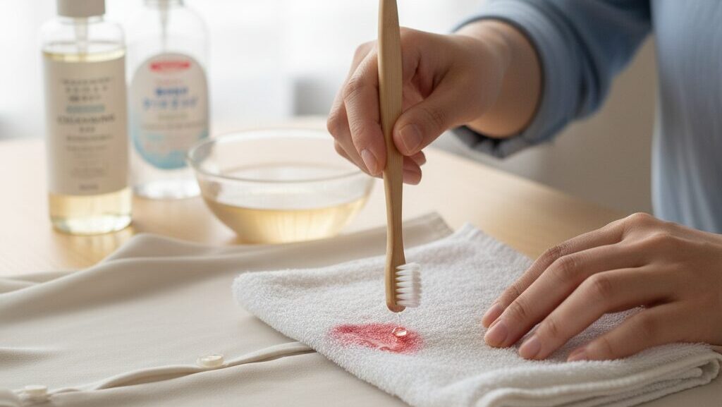クレンジングオイルを塗布した白い衣類のリップシミを、歯ブラシで優しく叩いてシミ抜きをする日本人女性の手元。