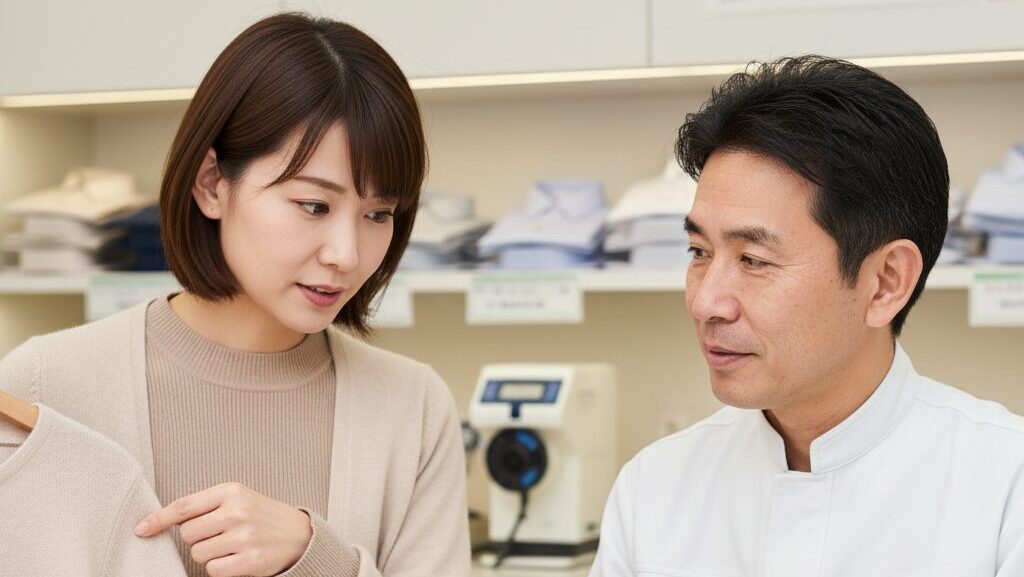 クリーニング店で、セーターのリップシミについてプロのクリーニング師に相談する日本人女性。クリーニング師がシミをルーペで確認している。
