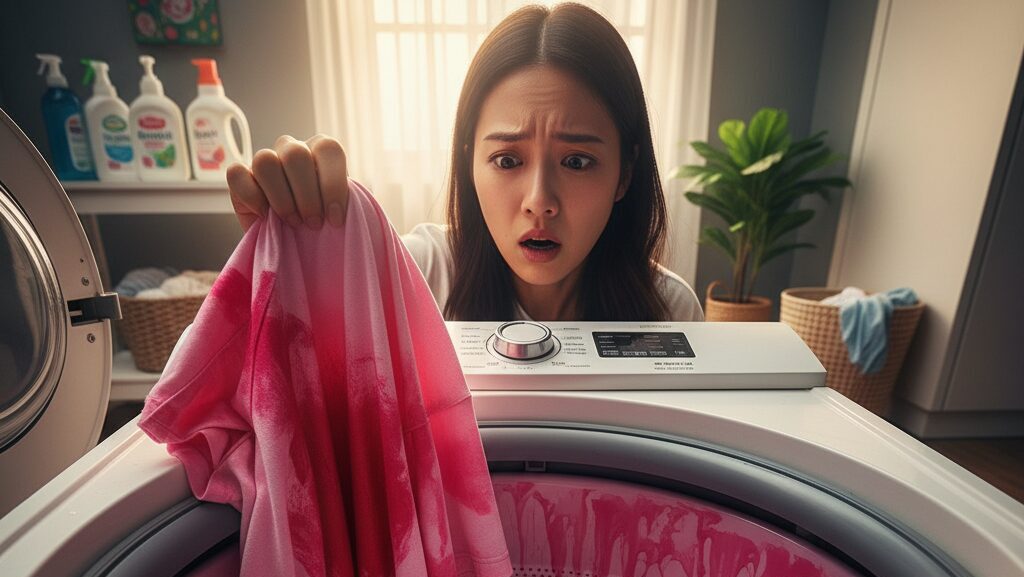 洗濯機からリップのシミがついた服を取り出し、絶望した表情を浮かべる日本人女性。洗濯槽の中にも赤いシミが広がっている。