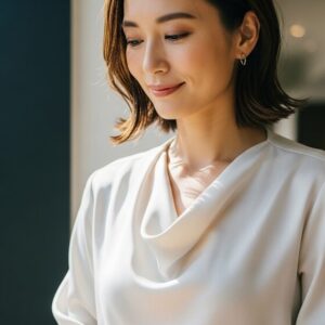 自宅で正しく洗濯され、美しい光沢を保っているレーヨン100%のブラウスを着用した日本人女性