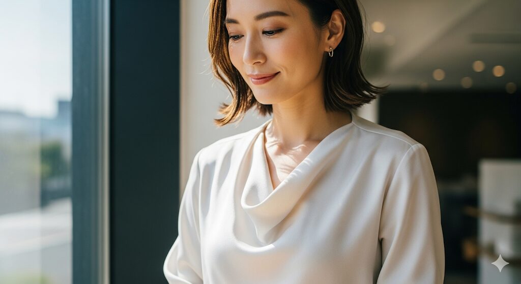 自宅で正しく洗濯され、美しい光沢を保っているレーヨン100%のブラウスを着用した日本人女性