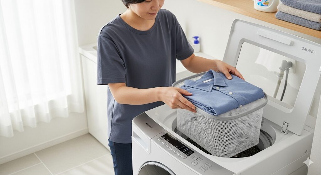 洗濯機に入れる前に、たたんだレーヨンのシャツをぴったりサイズの洗濯ネットに丁寧に入れている様子