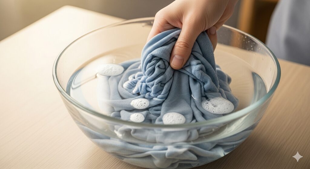 洗濯で縮んだレーヨンのセーターを、ヘアコンディショナーを溶かしたぬるま湯に浸して復元を試みている