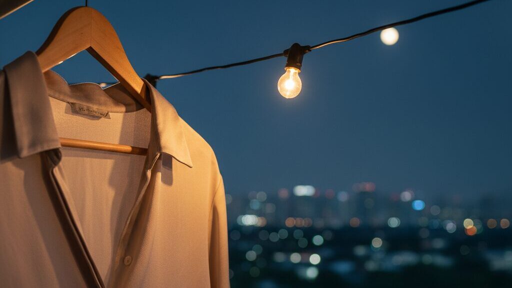 柔らかな素材のシャツがハンガーにかけられており、夜風に揺れている