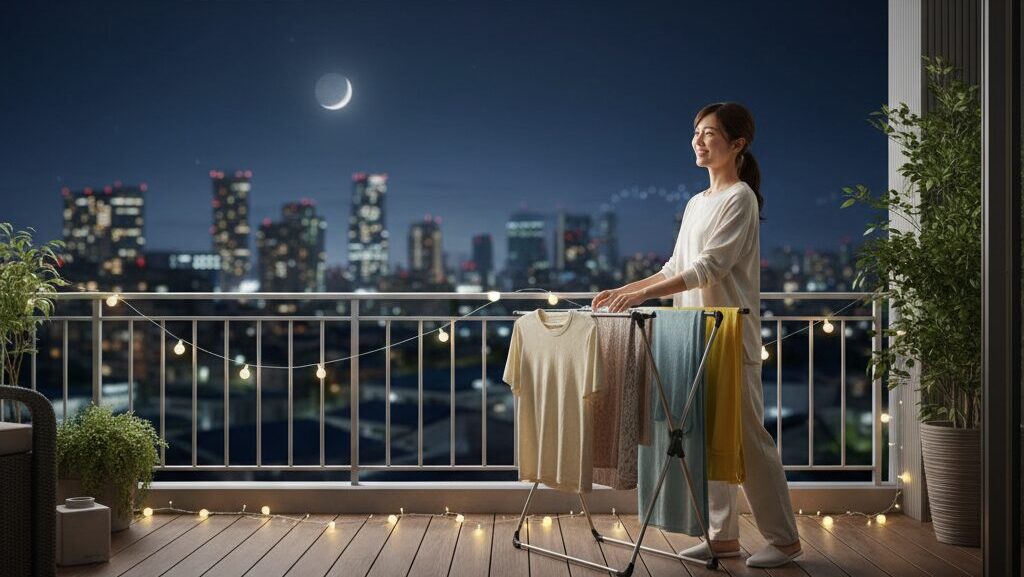 夏の静かな夜、マンションのベランダに干された洗濯物が穏やかな風に揺れている様子。
