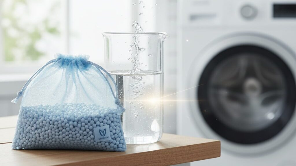 洗剤なし洗濯の代替品として注目されている、洗濯物と一緒に入れるマグネシウム粒