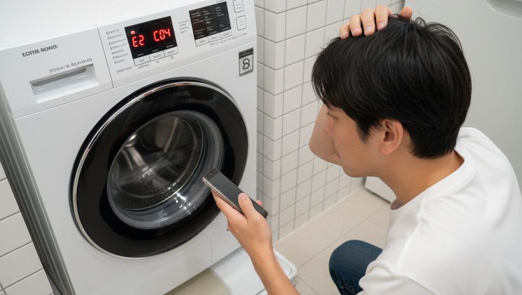 洗濯機のディスプレイに排水エラーを示す記号が表示され、困惑した表情で洗濯機を見つめる日本人男性。