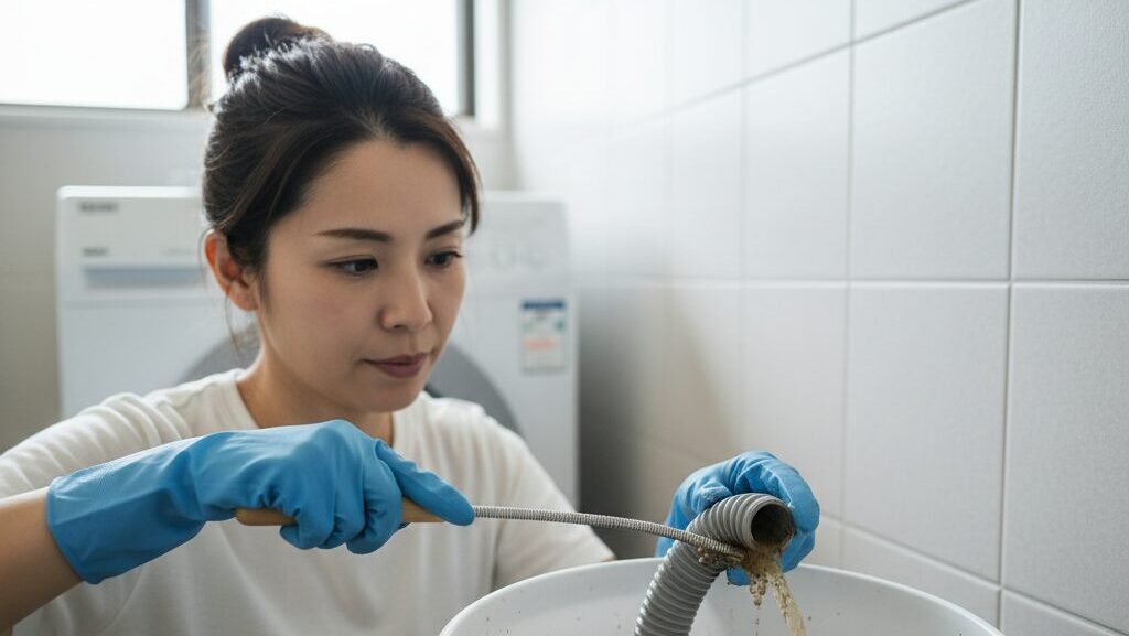 洗濯機から取り外された排水ホースの内部をブラシで清掃している日本人女性。