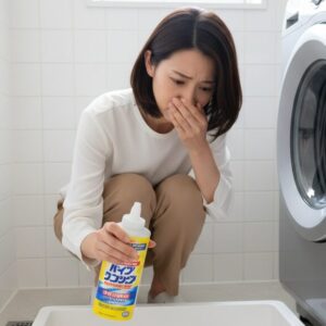 嫌な臭いや排水不良に困っている洗濯機の排水口を覗き込む日本人女性。手元にはパイプユニッシュのボトルが見える。