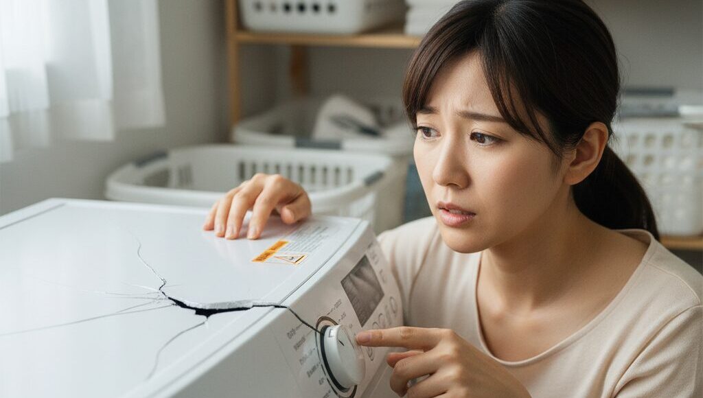 洗濯機のフタが大きく割れているのを発見し、困惑している日本人女性。