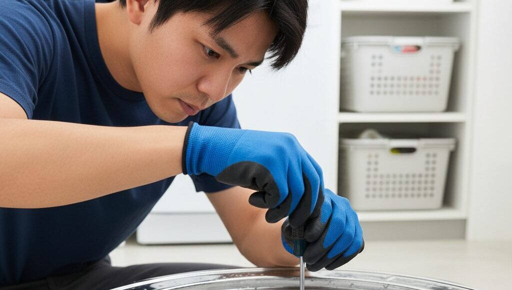 洗濯機のパルセーターをDIYで交換するため、ドライバーを使ってネジを外している日本人男性。