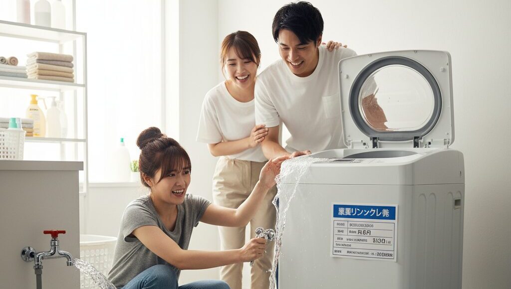 洗濯機から水が漏れ出し、慌てて蛇口を閉めようとしている日本人女性と、心配そうに見守る夫婦