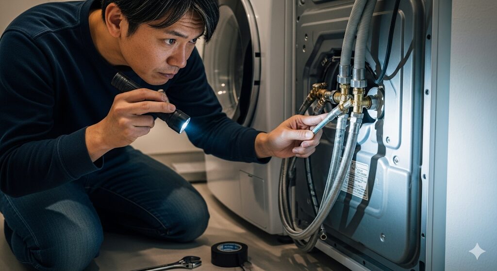 懐中電灯を使い、洗濯機の給水ホース接続部分にひび割れや水漏れがないか定期点検を行う日本人
