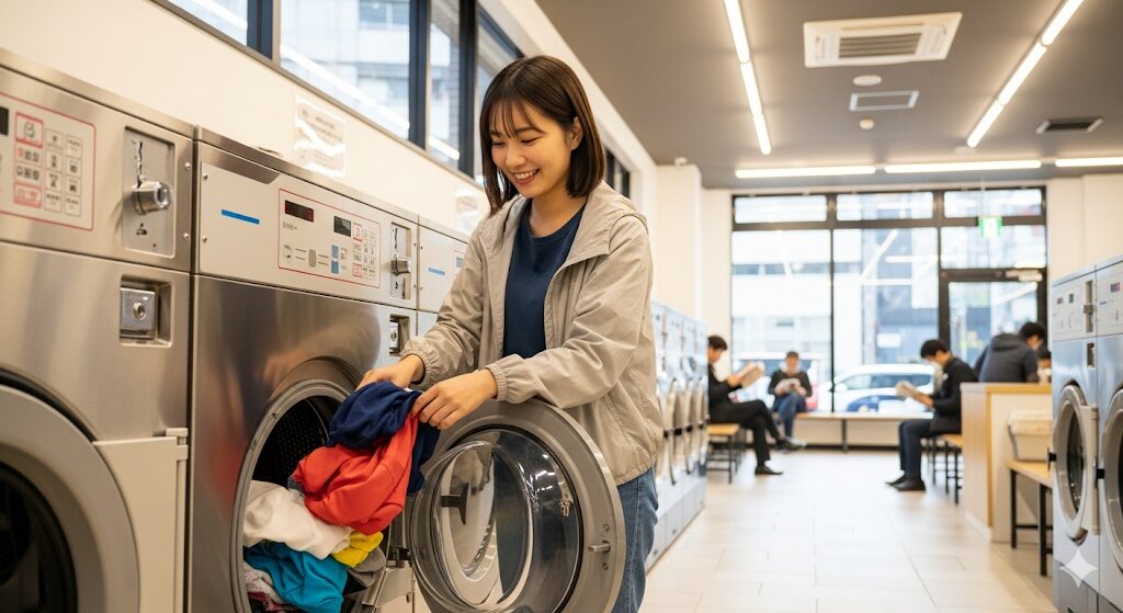 清潔で明るい海外のコインランドリーで、笑顔で洗濯機に衣類を入れている若い日本人旅行者の女性。