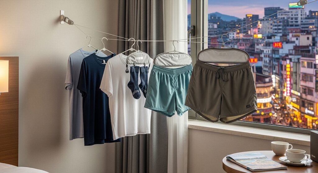 海外のホテルの一室で、窓際にトラベル洗濯ロープを張り、Tシャツや靴下を効率的に干している様子。