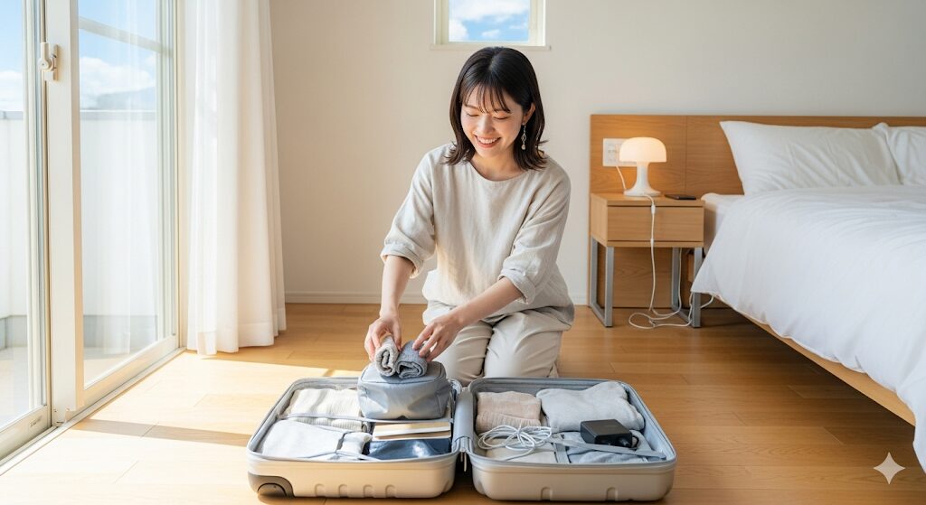 海外旅行の準備で、きれいに整理されたスーツケースに少量の衣類を詰めている楽しそうな若い日本人女性。