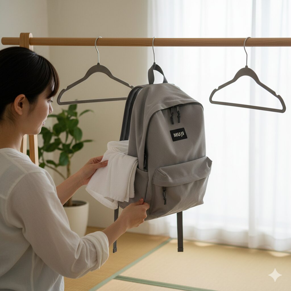洗濯後の無印良品のリュックを、タオルドライし形を整えて風通しの良い日陰で陰干ししている様子