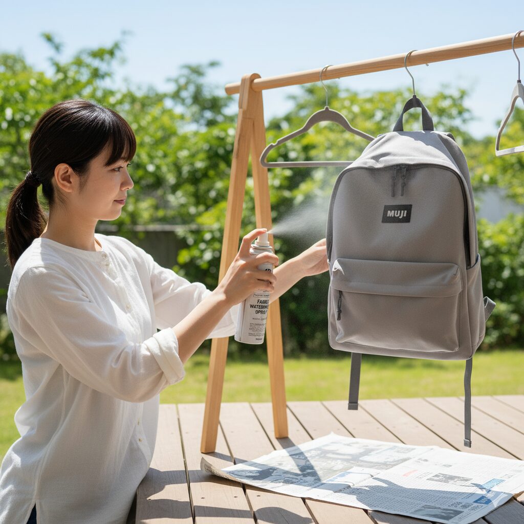 屋外で完全に乾燥させた無印良品のリュックにフッ素系防水スプレーを均一に吹きかけている日本人女性