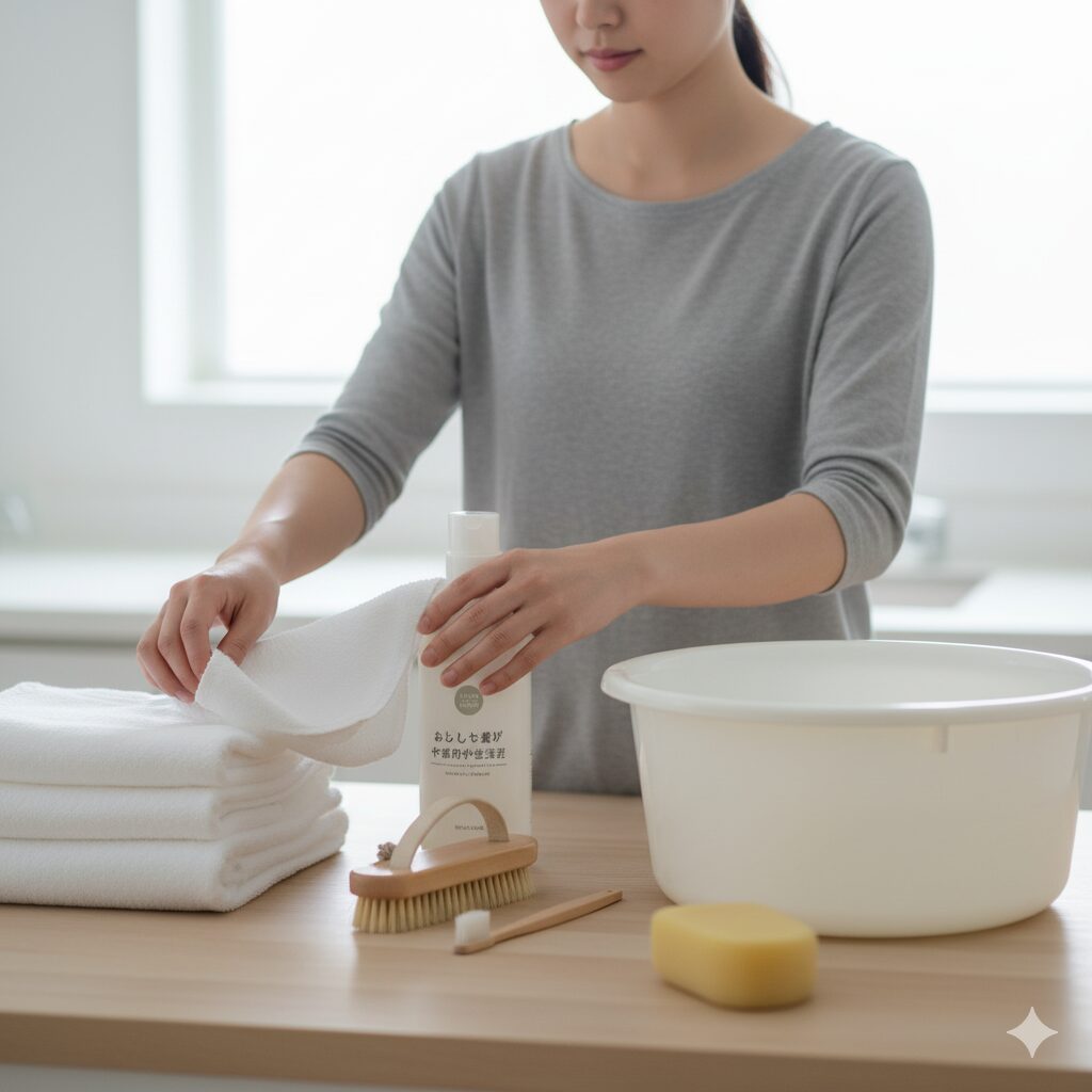 無印良品のリュックの手洗いに必要な中性洗剤、ブラシ、スポンジ、タオルの準備風景