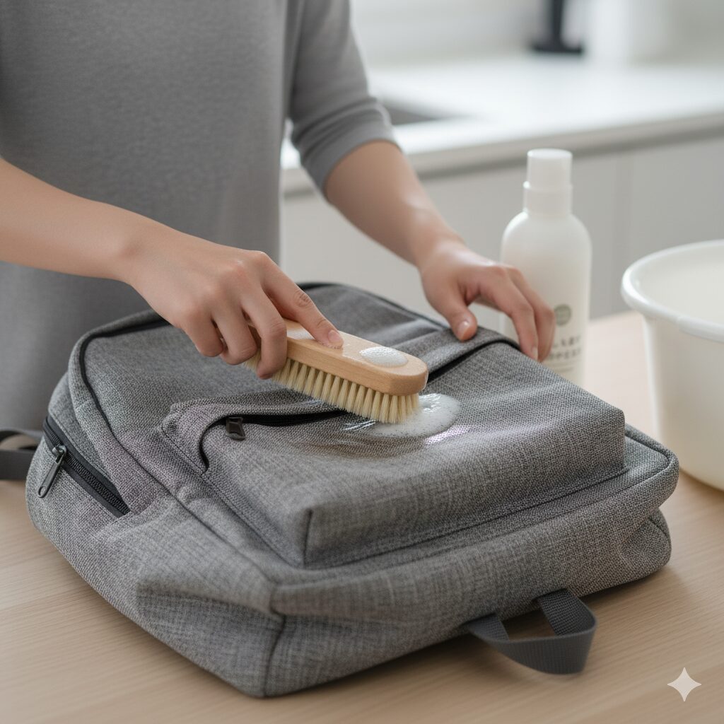 無印良品のリュックの目立つ汚れに中性洗剤をつけ、柔らかいブラシで優しく部分洗いしている手元