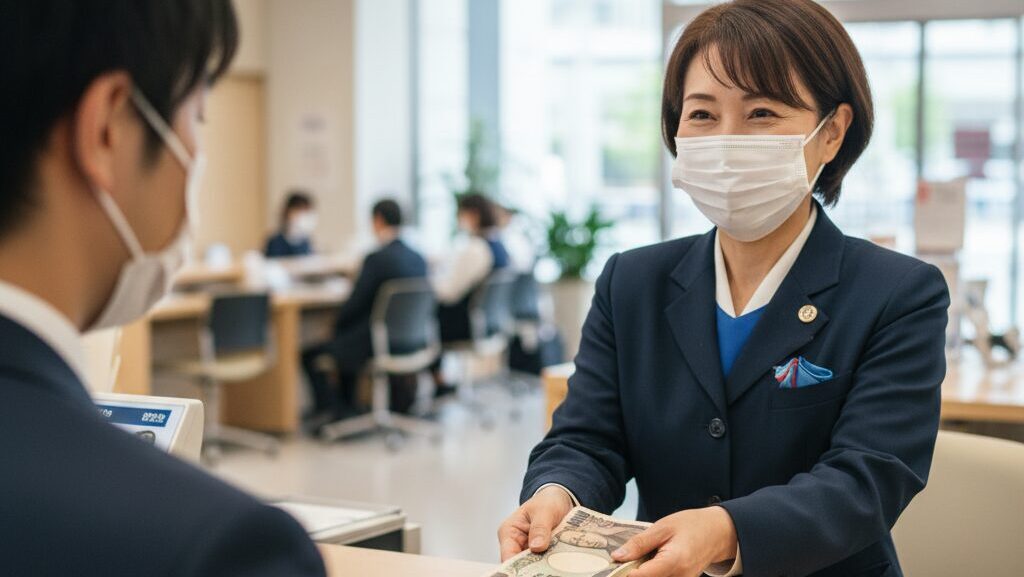銀行の窓口で新しい日本のお札を顧客に渡す日本人女性行員。