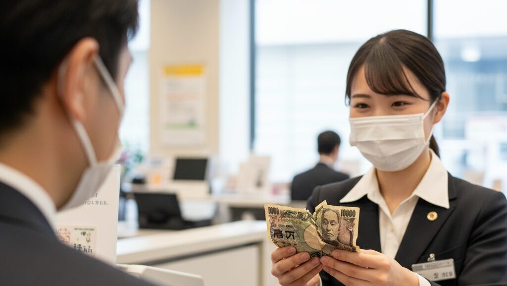 銀行の窓口で損傷した日本のお札を受け取り、手数料無料の表示があるカウンター越しに顧客と話す日本人女性行員。