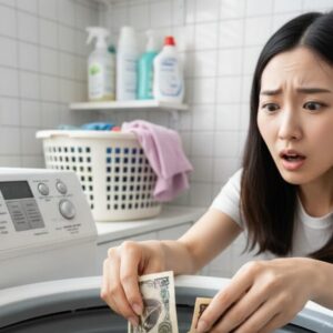 洗濯機から濡れてシワになった一万円札と五千円札を取り出し、困惑した表情を浮かべる若い日本人女性