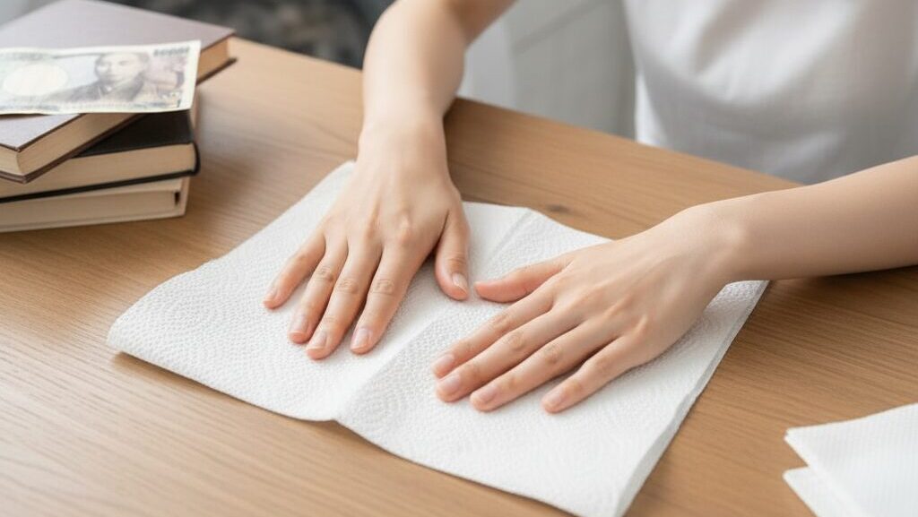 洗濯したお札をキッチンペーパーで優しく挟み、水分を吸い取っている若い日本人女性の手元