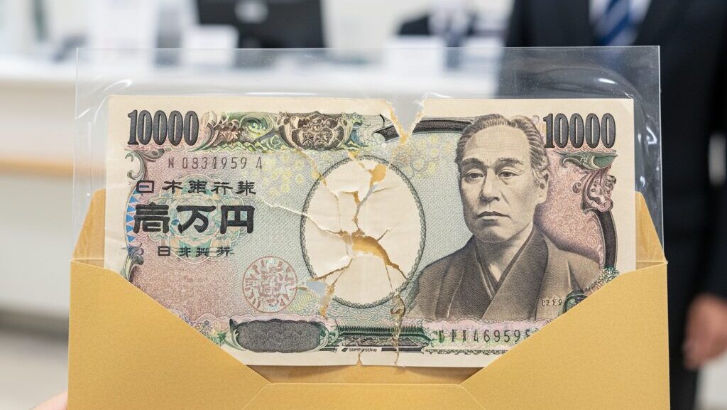 損傷した日本のお札を銀行の窓口に持っていく人の手元。