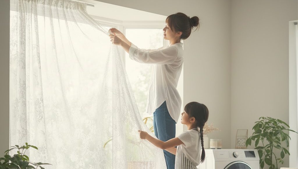 日本人女性が脚立に乗ってレースカーテンを外し、その横で女の子が洗濯カゴを持って手伝っている様子。清潔なリビングの窓辺でカーテンを洗濯する家族。