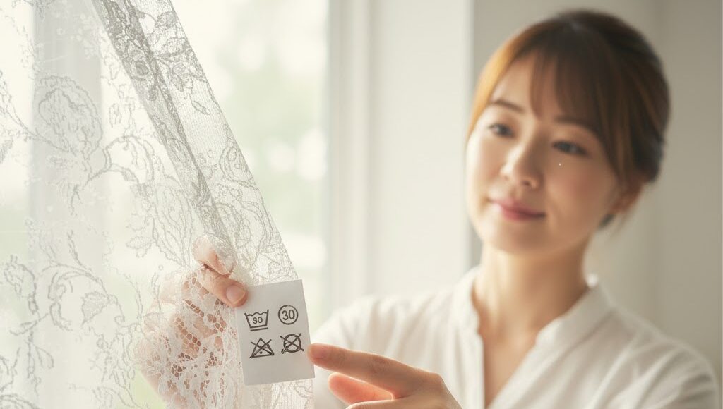 日本人女性がカーテンの洗濯表示タグを指差して確認しているクローズアップ。洗濯おけのマークやバツ印が見える。