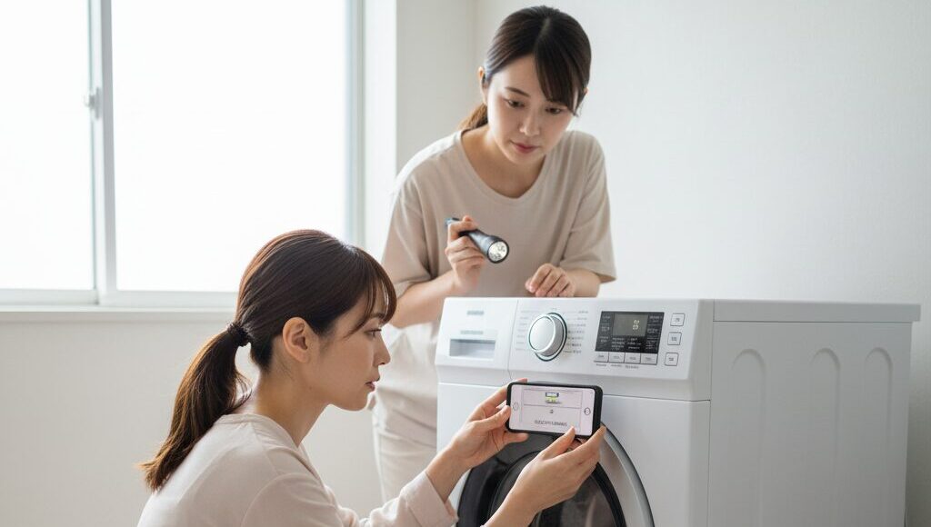 ドラム式洗濯機の不具合を確認している日本人女性二人。一人はスマホでエラーコードを撮影し、もう一人は懐中電灯で洗濯機周辺を照らしている。近くには取扱説明書が置かれている。