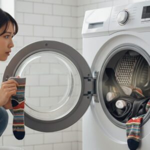 ドラム式洗濯機から洗濯物を取り出す若い日本人女性。片方の靴下が見つからず、困惑した表情で洗濯槽の中を覗き込んでいる。床には洗濯カゴと、ペアにならない靴下が散らばっている。