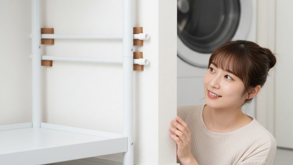 日本人女性が、洗濯機ラックと壁の間に設置された突っ張り棒とコルクの当て板を確認している。ラックの脚の下には耐震ジェルマットが敷かれ、賃貸でも可能な転倒防止策が施されている。