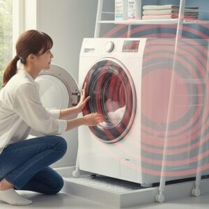 洗濯機ラックがぐらつき、洗濯機の脱水振動と共鳴して揺れる様子を心配そうに見つめる日本人女性。床には工具が置かれ、解決策を探している。