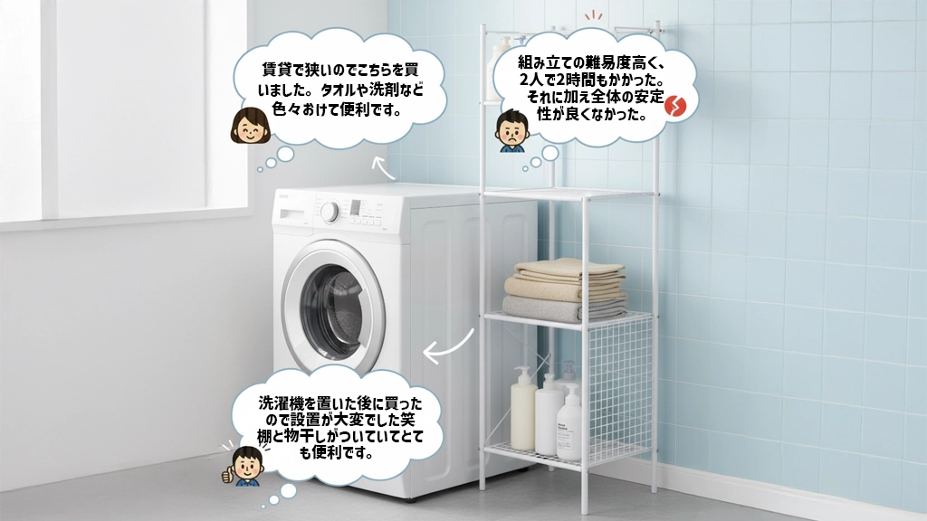 ニトリの洗濯機ラックを使用している人々の口コミと評判をイラストで表現。ぐらつきが解消された成功例と、突っ張りタイプの設置失敗例が吹き出しで示されている。