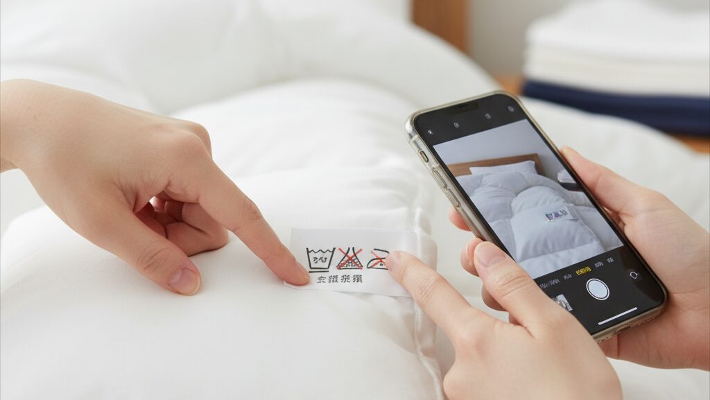 羽毛布団の洗濯表示タグをスマートフォンで撮影している日本人女性の手元。指で洗濯禁止マークを指し示している。