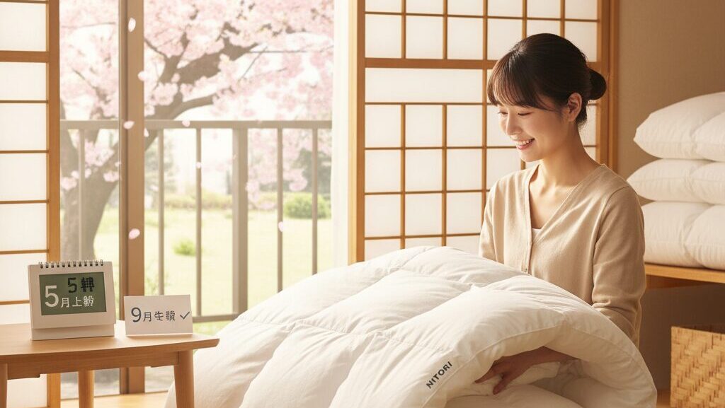 桜が咲く窓辺の和室で、ニトリの羽毛布団を丁寧に畳む日本人女性。手前には5月上旬と9月下旬にチェックマークが入ったカレンダーが置かれている。