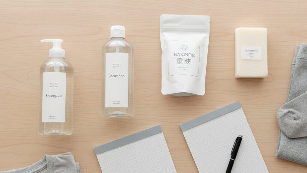 洗剤の代用品として使えるシャンプー、重曹、固形石鹸、洗濯物、ノートとペンが白い木製のテーブルに置かれている。