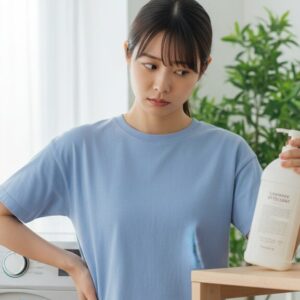 洗濯洗剤が切れて困っている日本の女性がボディソープを見つめている。