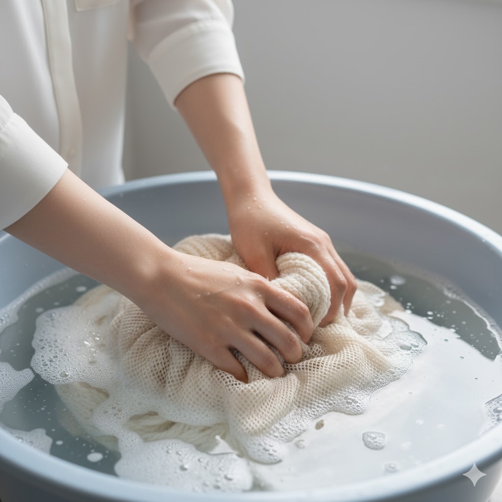 おしゃれ着用中性洗剤を溶かした洗面器の水の中で、デリケートなニットの衣類を優しく押し洗いしている手元。