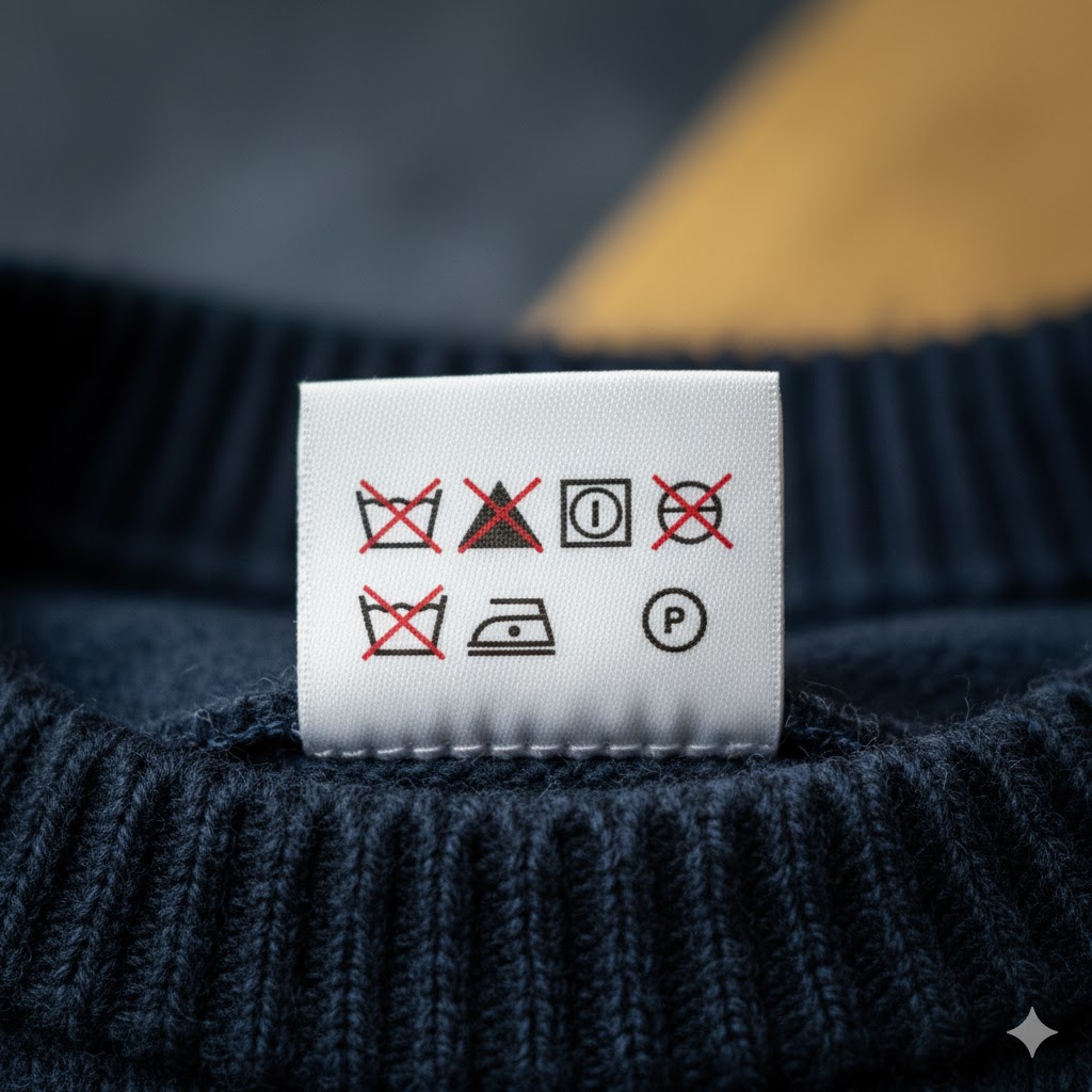 水洗い不可、漂白不可、タンブル乾燥不可など、全てにバツ印が付いた衣類の洗濯表示タグのクローズアップ写真。