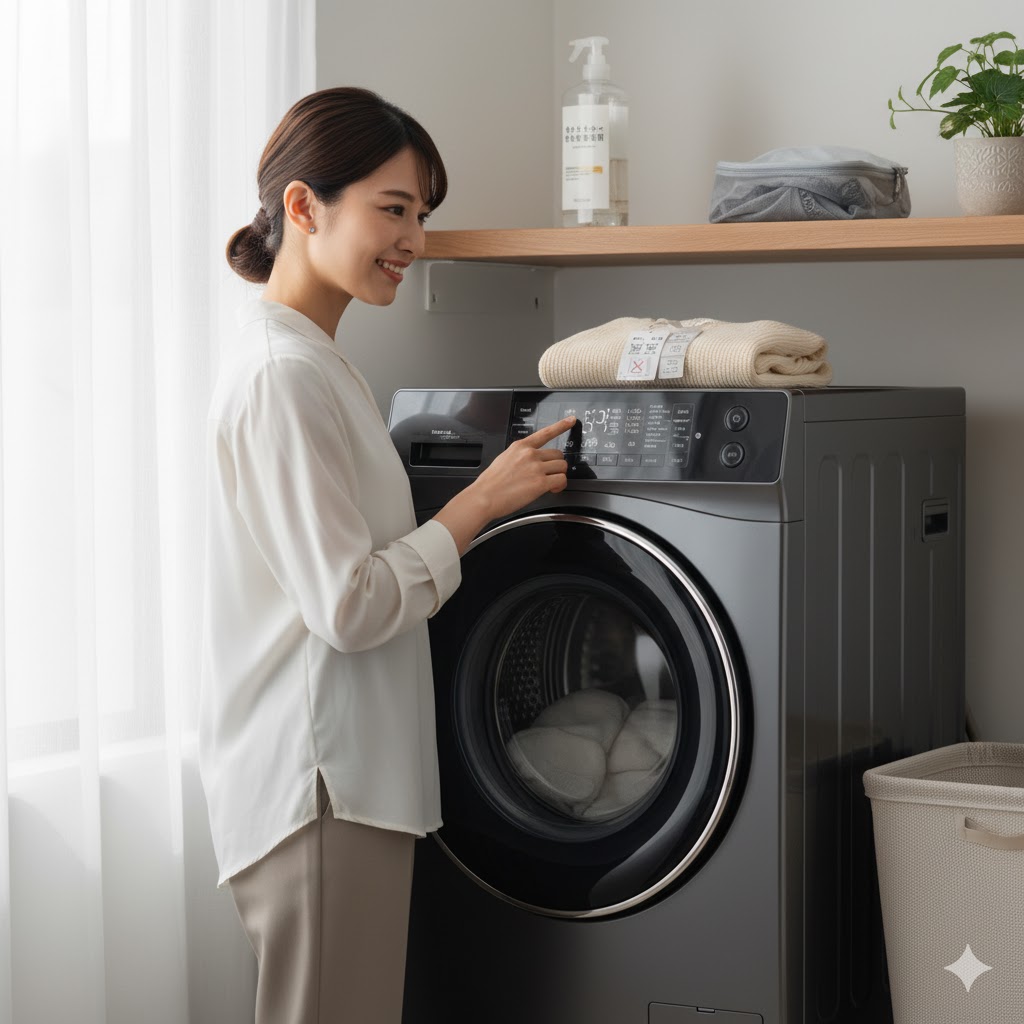 最新のドラム式洗濯機とおしゃれ着用の中性洗剤を使い、デリケートな衣類を家庭で洗濯する準備をしている様子。