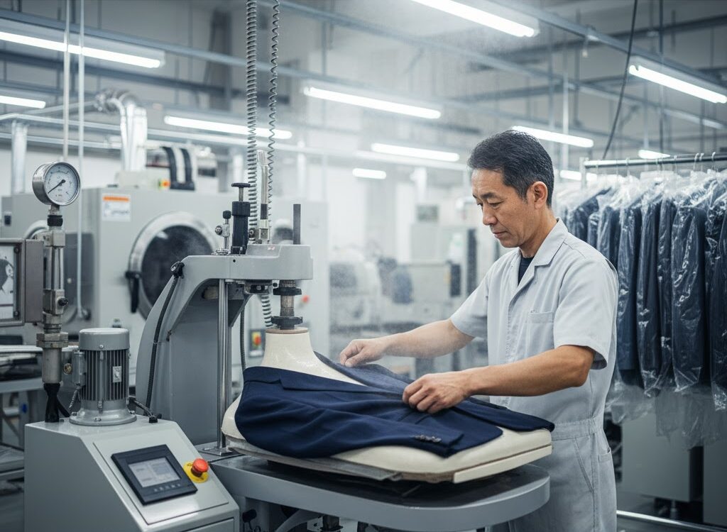 クリーニング師が専門的な人体プレス機を使い、ジャケットのシルエットを丁寧に仕上げているプロの仕事風景。